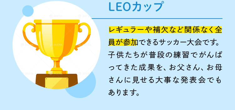 LEOカップ レギュラーや補欠など関係なく全員が参加できるサッカー大会です。子供たちが普段の練習でがんばってきた成果を、お父さん、お母さんに見せる大事な発表会でもあります。
